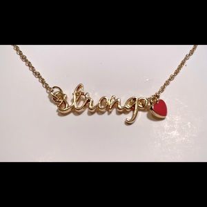 “ Strong “ Script Charm Necklace w/ Pink Heart on 16” Gold Tone Chain w/Extender